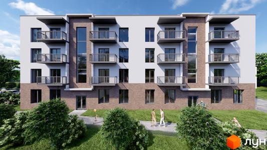 Житловий комплекс Галицька Сіті: багатоповерховий будинок з білим фасадом та цегляними вставками, обладнаний балконами. Навколо зелені насадження та пішохідні доріжки.