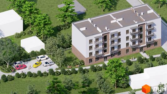 Житловий комплекс Галицька Сіті з біло-коричневим фасадом, балконами та прибудинковою територією з зеленими насадженнями, парковкою та місцями для відпочинку.