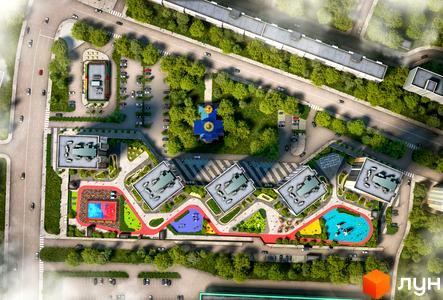 Вид зверху на ЖК Polar Park. На зображенні видно будинки з плоскими дахами, дитячий майданчик, спортивний майданчик та парковку.