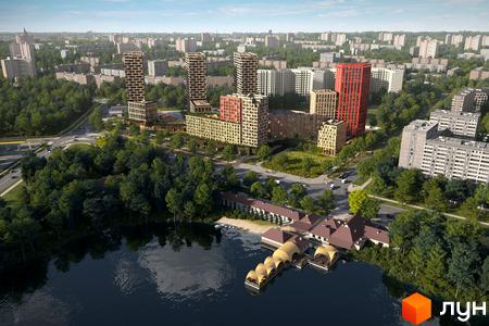 Зображення Житлового комплексу Brother з висоти пташиного польоту. На фото видно багатоповерхові будинки та зелену прибудинкову територію.