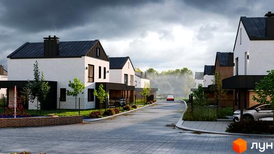 Котеджне містечко КМ NARVILLE: білі будинки з чорними дахами та парканами, зелені дерева та доглянута прибудинкова територія.