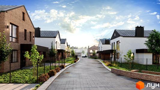 Котеджне містечко NARVILLE: цегляні та білі будинки з чорними дахами та парканом, доглянута прибудинкова територія з деревами та квітами.