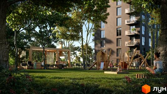 Житловий комплекс Kaiser Forest. На території комплексу розташований дитячий майданчик та зона відпочинку з альтанкою. Будинок має багато балконів.