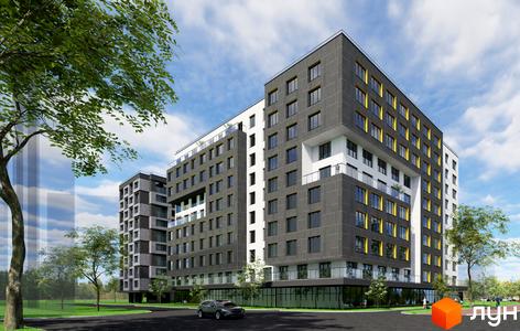 Зовнішній вигляд житлового комплексу Гармонія з темними фасадами, жовтими вікнами та білими вставками. Навколо будівлі зелена територія з деревами та дорогою.