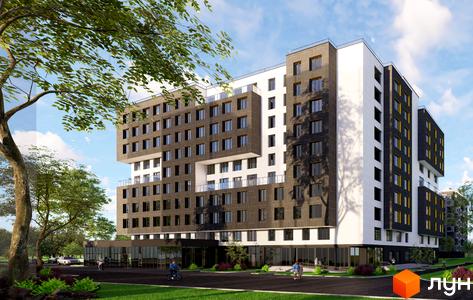 Новобудова ЖК Гармонія з темними та білими фасадами, великою кількістю вікон та балконів. Навколо будинку зелена територія з деревами, газонами та доріжками.