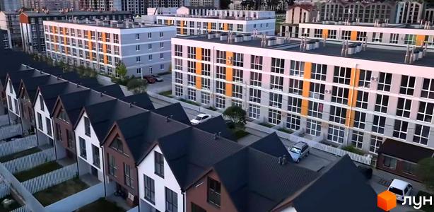 Житловий комплекс Sanville Park з будинками різної поверховості. На передньому плані котеджі з темними дахами, позаду багатоповерхові будинки з великими вікнами.