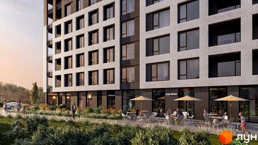 Зовнішній вигляд новобудови ЖК CONTINENT STREET з вікнами та балконами, поруч розташовані кафе та зелена зона з пішохідною доріжкою та людьми.