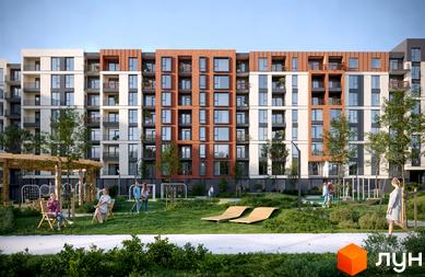 Житловий комплекс SVOÏ CITY з фасадами з білої штукатурки та цегли, з балконами та великими вікнами. Прибудинкова територія з зеленими зонами, лаунж-зоною та дитячим майданчиком.