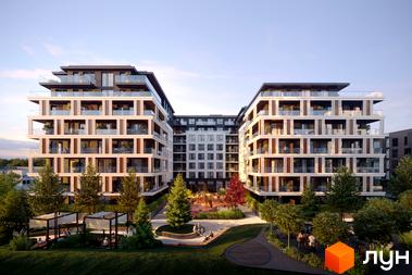 Житловий комплекс GLOBUS ECLIPTICA з багатоповерховими будинками та просторою прибудинковою територією з дитячим майданчиком та зонами відпочинку.