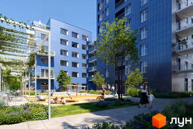 Житловий комплекс Курдонери з синіми фасадами та дитячим майданчиком. На території розташовані зелені зони та місця для відпочинку.