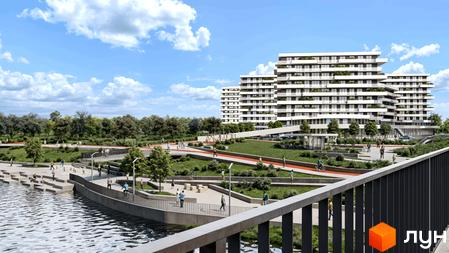 Житловий комплекс CONTINENT RIVER PARK з білими фасадами та балконами, що виходять на річку та зелену зону з пішохідними доріжками.
