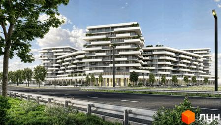 Житловий комплекс CONTINENT RIVER PARK з білими фасадами та терасами, що виступають, з зеленими насадженнями. Перед комплексом дорога та зелена зона.