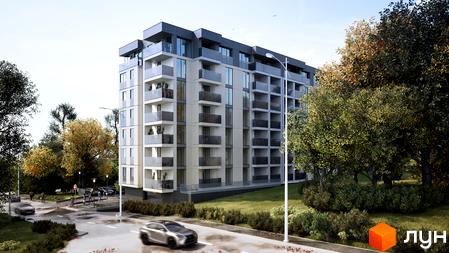 Зовнішній вигляд новобудови ЖК Lumierra Residence з балконами та вікнами, оточений деревами та доглянутою прибудинковою територією.