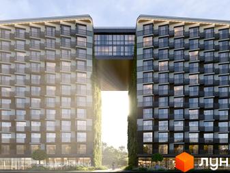 Екстер'єр житлового комплексу Space з аркою між двома корпусами, що з'єднані скляним переходом. Зелені насадження вздовж фасадів та прибудинкова територія з деревами.