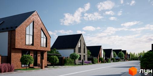 Котеджне містечко КМ ArtHomes: цегляні будинки з темними дахами та великими вікнами, доглянута прибудинкова територія з деревами та квітами.