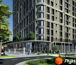 Житловий комплекс Акварелі: фасад будівлі з виступаючими елементами та скляним першим поверхом, зелена прибудинкова територія з пішохідними доріжками та зонами відпочинку.