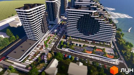 Новобудова ЖК SvitLand Residences з вигнутими фасадами та терасами, що виходять до води. На прибудинковій території розташовані зони відпочинку та дитячі майданчики.