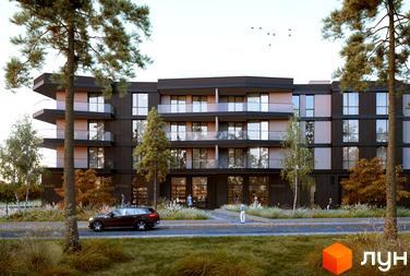 Житловий комплекс Stone Space з темним фасадом, скляними балконами та комерційними приміщеннями на першому поверсі. Навколо будинку зелені насадження та доглянута прибудинкова територія.