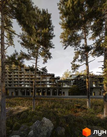 Житловий комплекс Son Daven з кам'яним цоколем та балконами, оточений деревами та зеленню. Зовнішній вигляд будівлі з багатоповерховими секціями.