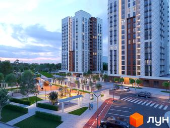 Житловий комплекс Одеса Сіті з високими білими будинками та дитячим майданчиком. Сучасна архітектура та облаштована прибудинкова територія.