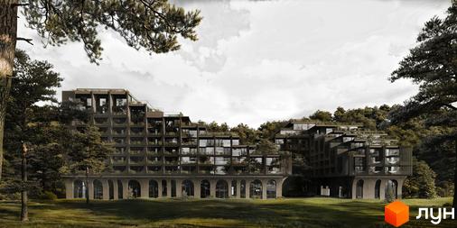 Житловий комплекс Son Daven в оточенні лісу, з терасами та скляними фасадами, розташований на зеленій галявині.