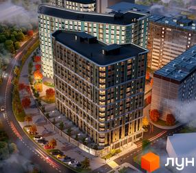 Житловий комплекс Акварелі: багатоповерхові будинки з вигнутими фасадами та панорамними вікнами, освітлена прибудинкова територія з деревами та дорогою.