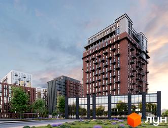 Зовнішній вигляд житлового комплексу Пространство Eco City з цегляними та скляними фасадами, зеленою прибудинковою територією та квітами.