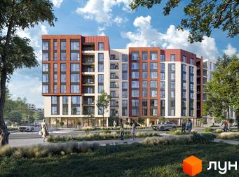 Новобудова ЖК SVOÏ CITY з цегляним та білим фасадами, балконами та великими вікнами. Навколо будинку зелена територія з деревами та доріжками, де гуляють люди та їздять велосипедисти.