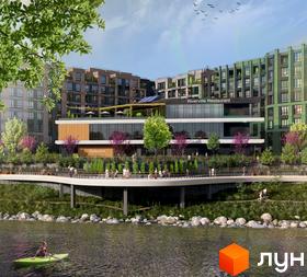 Житловий комплекс RIVERVILLE з фасадами зеленого та коричневого кольорів, набережною та річкою. На території комплексу розташований ресторан.