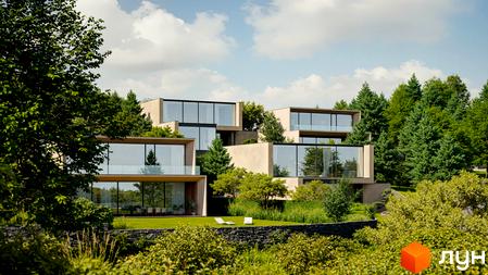 Сучасний житловий комплекс Lion Hills Villas з панорамними вікнами та терасами, оточений зеленню та деревами. На прибудинковій території доглянутий газон та зона відпочинку.