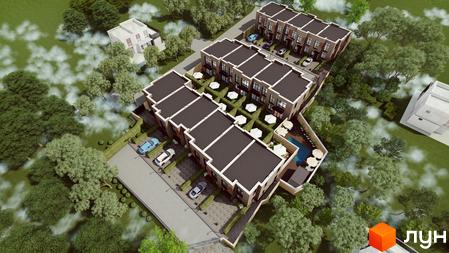 Зображення таунхаусів Garden City з виглядом зверху, видно прибудинкову територію з басейном, парковкою та зеленими насадженнями.