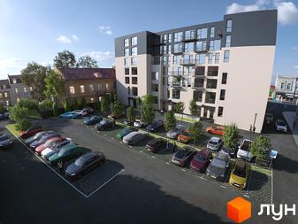 БФК Shevchenka 58a - це житловий комплекс з багатоповерховою будівлею та парковкою для автомобілів. Навколо будинку розташовані дерева та зелені насадження.