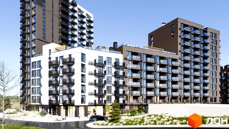 Житловий комплекс Фруктова Алея - сучасна новобудова з балконами та скляними фасадами, зелена прибудинкова територія.