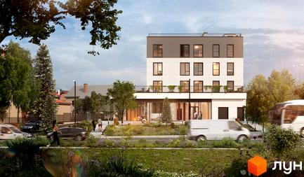 Житловий комплекс Зелена: багатоповерхова новобудова з балконами та великими вікнами, поруч зелена зона з деревами та дорогою.