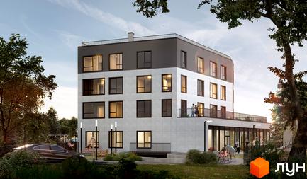 Житловий комплекс Зелена: фасад будинку з великими вікнами та балконами, дитячий майданчик та зона відпочинку біля будинку.