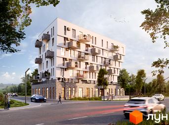 Зовнішній вигляд новобудови ЖК Героїв Крут з балконами та прибудинковою територією. Фотографія фасаду будинку та вулиці.