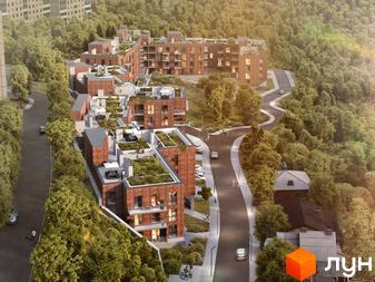 Житловий комплекс ЖК на Лисеницькій з червоної цегли з зеленими терасами та доглянутою прибудинковою територією.