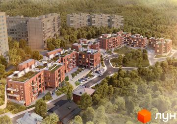 Новобудова ЖК на Лисеницькій - це цегляні будинки з зеленими дахами, розташовані серед дерев. Територія комплексу має дороги, парковки та дитячі майданчики.