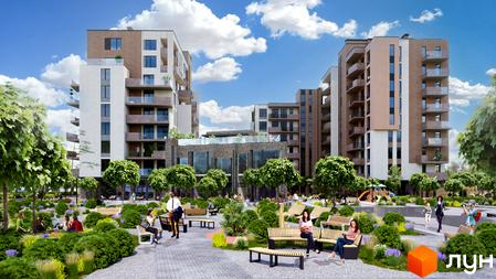 Житловий комплекс LIZROME з сучасними будинками та доглянутою прибудинковою територією з ландшафтним дизайном, місцями для відпочинку та дитячим майданчиком.