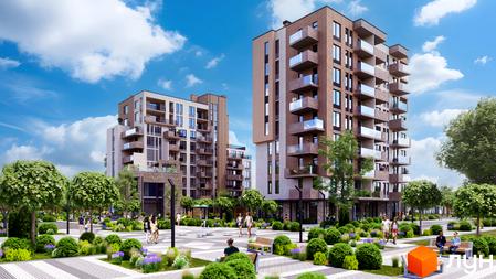 Високі будинки житлового комплексу LIZROME з балконами та скляними огородженнями. На території комплексу є доріжки, лавки та зелені насадження.