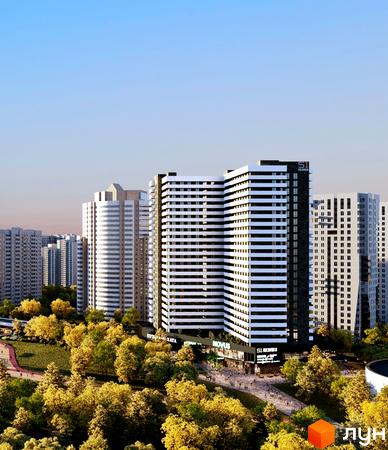 Високоповерховий будинок S1 Позняки з білими та чорними смугами на фасаді. Навколо будинку зелені дерева та доріжки для прогулянок.