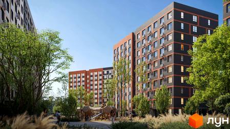 Житловий комплекс Happy 7: багатоповерхові будинки з темно-сірим фасадом та помаранчевими вставками, оточені зеленню та дитячим майданчиком.