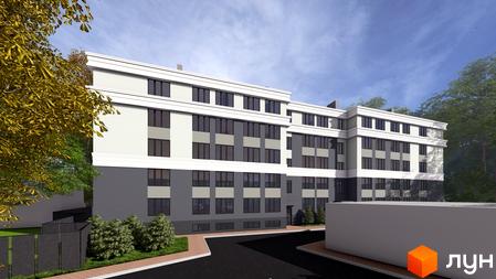 Житловий комплекс Comfort Hall. Багатоповерховий будинок зі світлим фасадом та великими вікнами, оточений зеленню та доріжками.