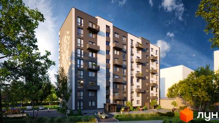 Житловий комплекс Автентика: багатоповерховий будинок з темно-сірим та білим фасадом, прикрашений орнаментом, оточений зеленими деревами та облаштованою територією.