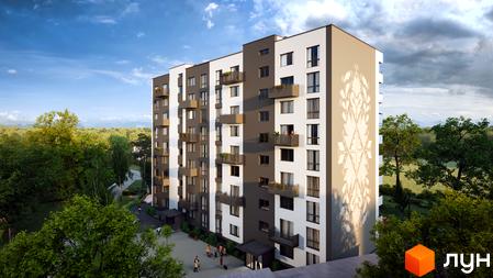 Житловий комплекс Автентика: багатоповерховий будинок з білими та темно-сірими фасадами, прикрашений світлим орнаментом. Прибудинкова територія оточена зеленими деревами.