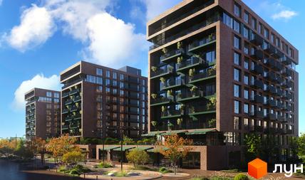 Житловий комплекс MAVERICK з цегляним фасадом, балконами з рослинами та прибудинковою територією з деревами та зонами відпочинку.