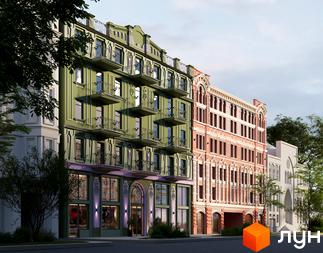 Зображення Рішельєвського Пасажу: багатоповерховий будинок із зеленим фасадом, балконами та вітринами на першому поверсі. Поруч розташовані будівлі інших кольорів та зелені насадження вздовж вулиці.