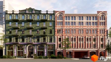 Зображення фасаду новобудови Рішельєвський Пасаж: дві будівлі, одна зелена з балконами, інша рожева з арковими вікнами, біля дороги.