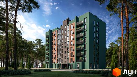 Житловий комплекс AURA з сучасним фасадом та балконами, оточений зеленими насадженнями та деревами.