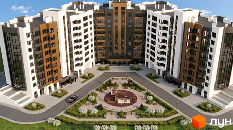 Зовнішній вигляд житлового комплексу на вул. Героїв Дніпра, 34, з дитячим майданчиком та зеленими зонами.